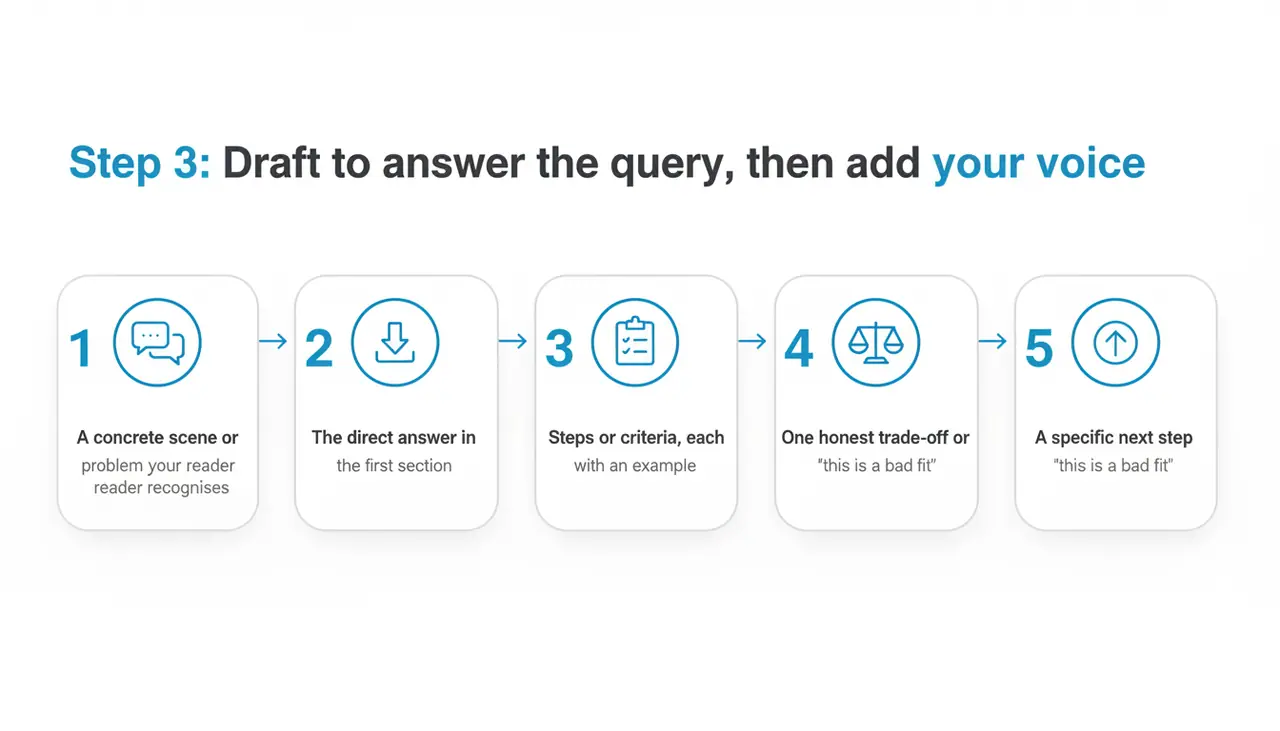 Step 3: Draft to answer the query, then add your voice